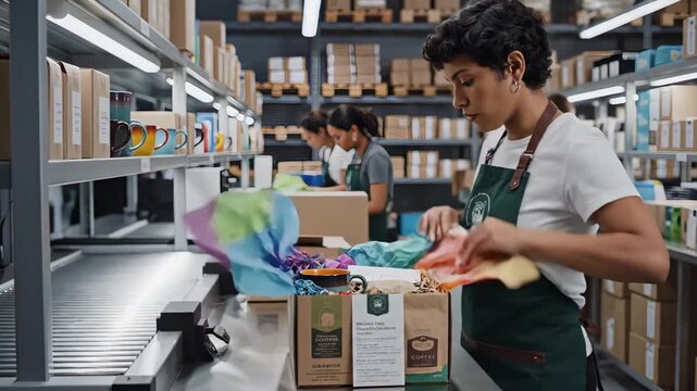 worker packing colorful gift box in busy modern warehouse with metal shelving and stacked inventory, wearing green apron while folding tissue paper and tying ribbon into branded cardboard boxes,