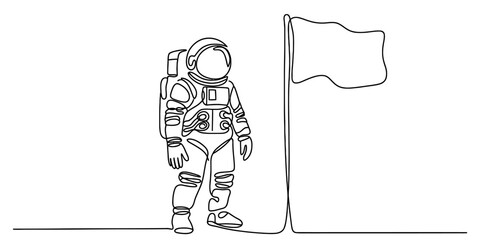 Continuous line art drawing of an astronaut and a flag representing space exploration Vector, illustration