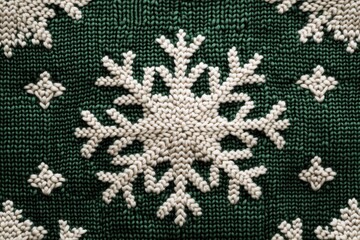 White snowflake pattern on green knit fabric background for winter decoration and holiday designs