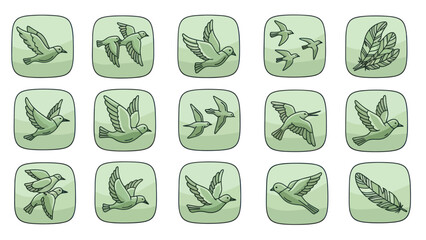 Green bird icons depicting flight and feather symbols on a light background