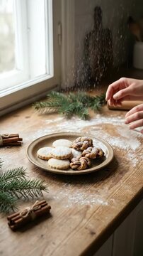 Cozy holiday cookie plate with cinnamon powdered sugar, hands arranging festive pastries by window