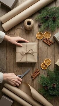 Eco gift wrap hands tying twine on brown paper gift with rustic dried orange and cinnamon accents