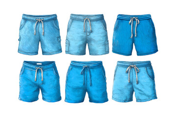 Illustration of collection of six different blue swimwear shorts with various textures isolated on transparent background
