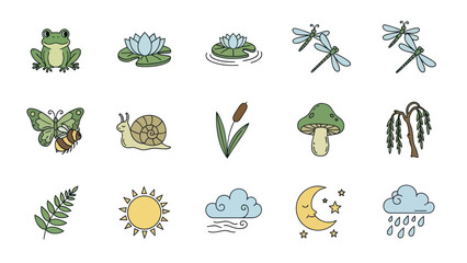Cartoon nature elements collection frog dragonfly snail lily sun cloud © jarkoni