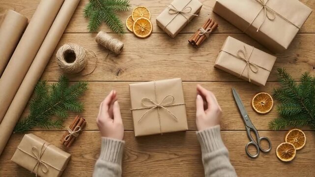 Hand tying natural twine kraft paper gift with wooden accents and hands showing cozy handmade