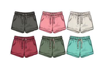 Illustration of colorful assortment of six pairs of casual shorts isolated on transparent background