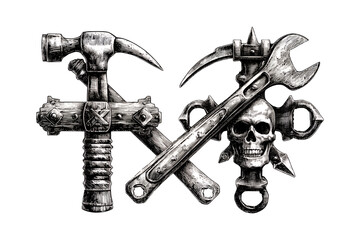 Illustration of black and white illustration of crossed hammers and wrenches with a skull isolated on transparent background
