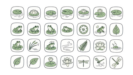 Collection of nature icons featuring frogs lily pads dragonflies and leaves