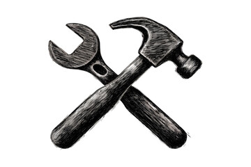 Illustration of black and white illustration of a hammer and wrench crossed over each other on a pure transparent background