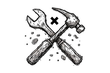 Illustration of black and white illustration of crossed hammer and wrench with an x marked through them on transparent background