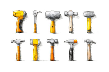 Illustration of collection of various hammers and mallets for construction and diy projects isolated on transparent background