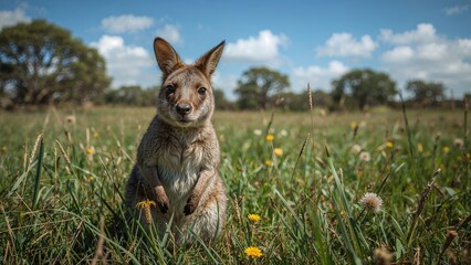Naklejka premium Young fox sitting in grassy meadow with wildflowers under a blue sky with clouds. Nature and wildlife, outdoor scene. The concept of animals and natural environment.