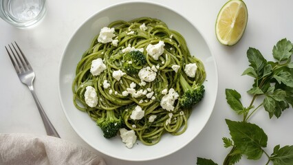 Fresh green pasta with broccoli and dollops of cheese on a white plate, accompanied by a lemon wedge, herbs, and a fork, suggesting a healthy meal.