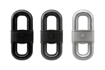 Illustration of three metal buckles in black and silver colors isolated on transparent background