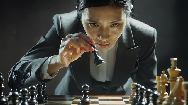 Chess match in a dim room with a focused player making strategic moves on an elegant board