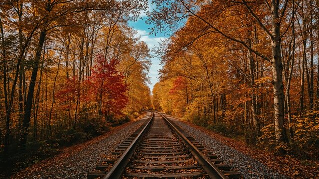 Autumn forest along railway tracks with colorful leaves and clear blue sky. Nature and transportation scene during fall season. - Powered by Adobe