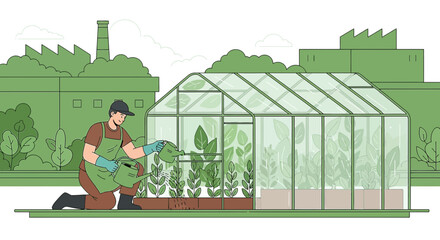 Greenhouse enthusiast meticulously tending to plants within a glass structure garden, cultivating