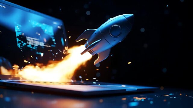 Space rocket launch from a laptop computer. Business startup innovation concept 4K video