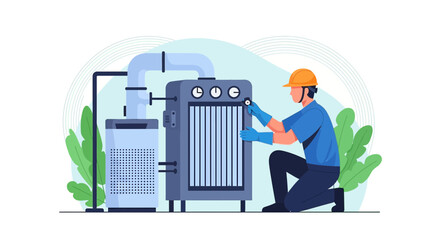 HVAC technician performing maintenance checks on industrial air conditioning equipment illustration