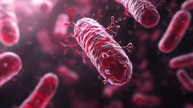 Microscopic View Red Bacteria Cells with Fimbriae Floating in Dark Fluid.