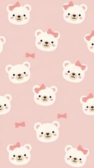Cute white bear faces with pink bows on soft pink background