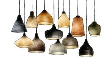 Illustration of collection of assorted hanging glass pendant lamps in various earthy tones isolated on transparent background