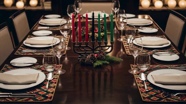 Kwanzaa dinner table set with Kinara candles, placemats, and dinnerware for a holiday celebration.