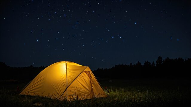 Camping tent under a starry night sky. Nature and outdoor adventure, camping, stars, night scenery. The scene of wilderness and stargazing.