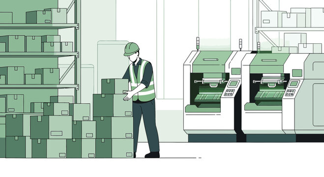 Illustration depicting a factory worker moving boxes in a warehouse storage facility filled with