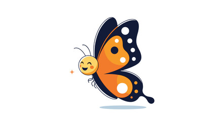 Obraz premium Vibrant and cheerful cartoon butterfly in flight, with orange and black wings, featuring an adorable smiling face, on a white background.