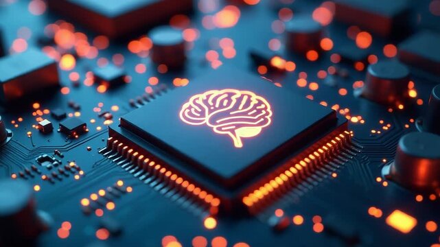 Video Close-up shot of a computer chip with a brain design, suitable for tech-related s and concepts