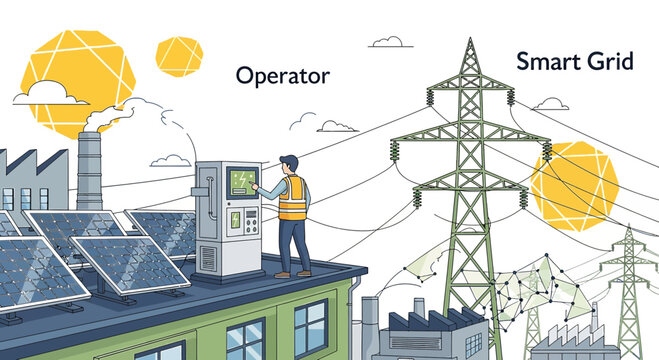 Illustration depicting an operator managing smart grid and renewable energy integration