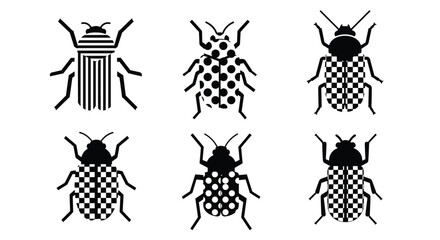Diverse collection of six intricate black silhouette beetle icons, each uniquely designed with distinct patterns and textures, against a white background.