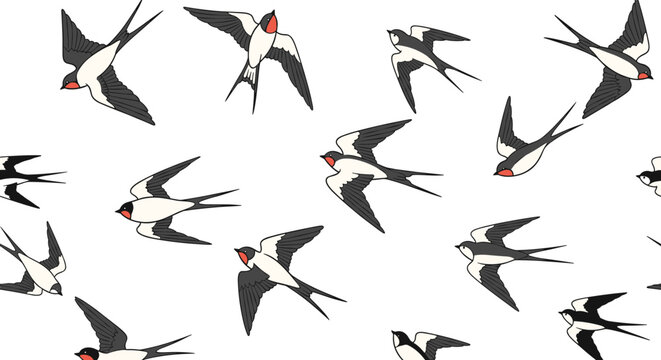 Elegant and dynamic seamless pattern showcasing numerous swallows gracefully soaring and flying across a clean white background.