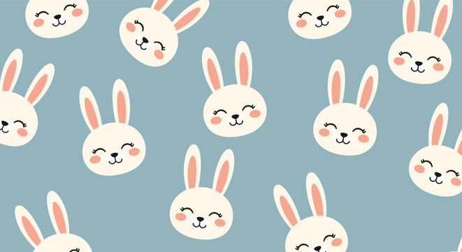 Playful pattern of white bunny faces with pink cheeks on a soft blue background evokes cheerful spring vibes ideal for fabric prints and kid friendly decor.