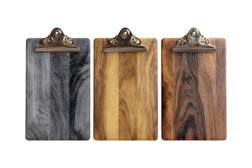 Illustration of three wooden clipboards with metal clips on transparent background for office supplies