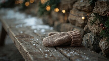 A pair of woolen mittens placed on a wooden surface beside a stone wall decorated with Christmas lights.