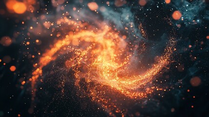 Swirling Galaxy of Fiery Particles Abstract Cosmic Dust Cloud with Bokeh.