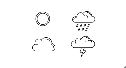 Obraz premium Simple line art icons representing various weather conditions including sun rain clouds and lightning storms on transparent background