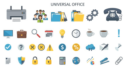 Obraz premium Collection of universal flat design office icons representing business tasks communication technology and administration needs on transparent background
