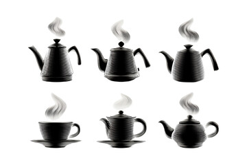 Illustration of black silhouettes of various tea kettles and teacups on transparent background with steam rising