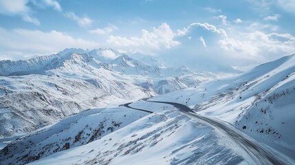 Winding Road Through Snowy Mountains Under a Cloudy Sky Winter Landscape.