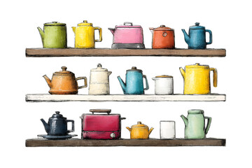 Illustration of colorful assortment of teapots and tea sets on wooden shelves isolated on transparent background