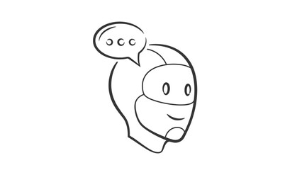Simple line art icon depicting a friendly chatbot head with a speech bubble for digital communication support on transparent background