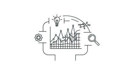 Obraz premium Abstract line art icon representing data analysis process involving research insight development and technical optimization on transparent background