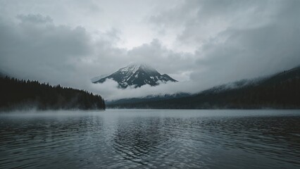 A mountain surrounded by clouds over a lake with a forest in the foreground. Nature and landscape scene. The mountain, lake, and forest.