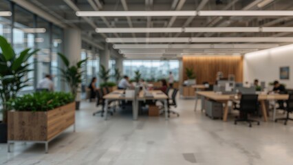 Modern office space with desks, chairs, and people working in a bright, open area with indoor plants.