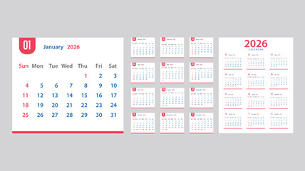 2026 Minimal Calendar Template Clipart Set. 12 Month Clean Layout Vector Collection with days and weekly schedule monthly pages design illustration
