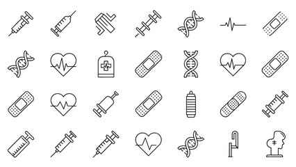 Subtle outline icons of medical supplies like syringes bandages and heart rate monitor on black on transparent background
