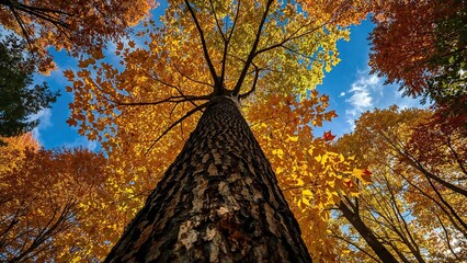 Autumn forest from ground perspective with colorful leaves, sky, and tall trees. Nature and environment, concept. The beauty of fall foliage and forest scenery.
